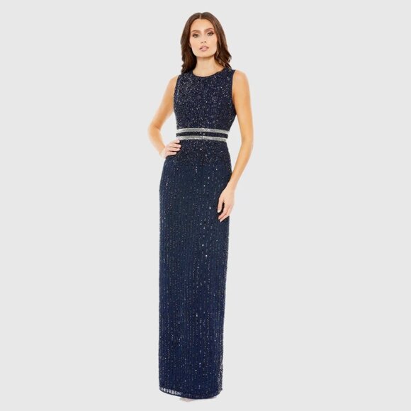 NWT Mac Duggal Sequined High Neck Sleeveless Column Gown Midnight 6 #A0314 - Picture 1 of 9